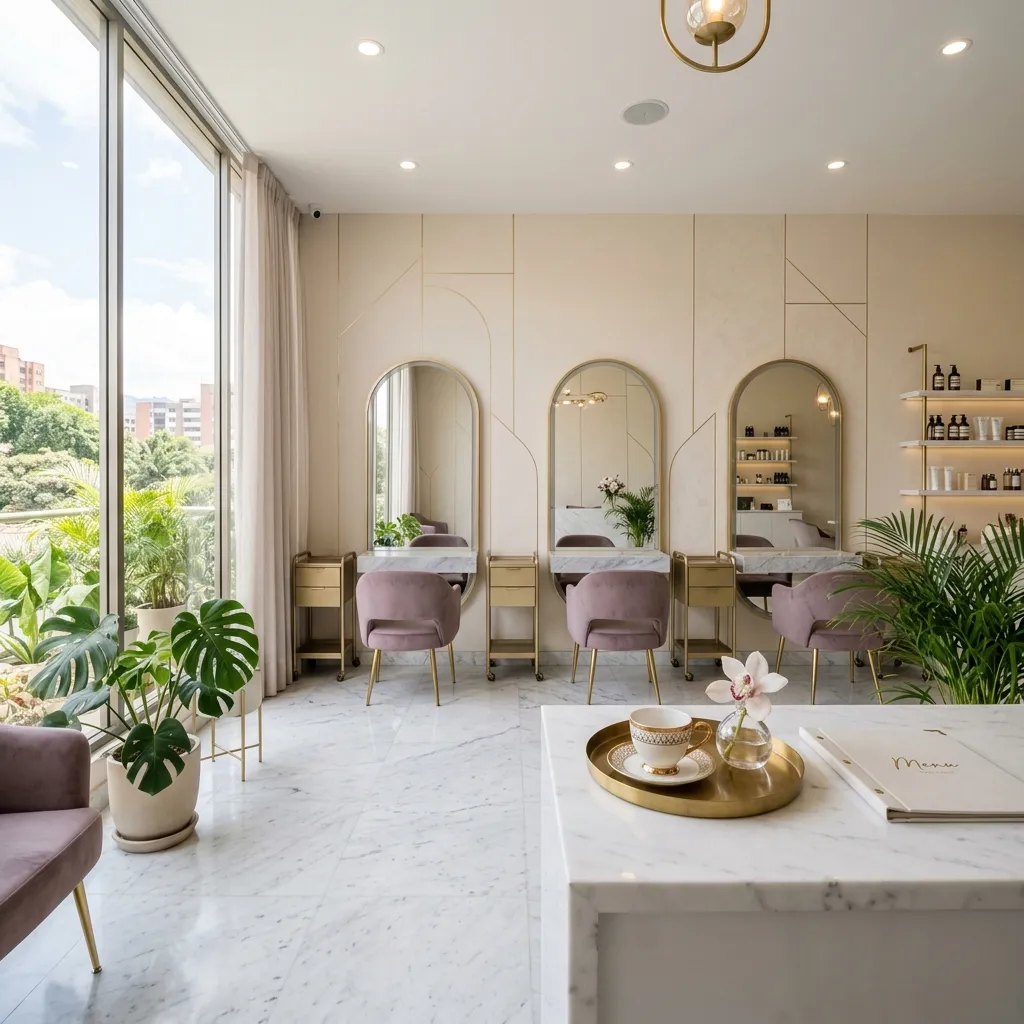 Interior del salón de belleza Malva Studio en El Poblado, Medellín — luz natural, mármol y terciopelo en tonos malva y crema